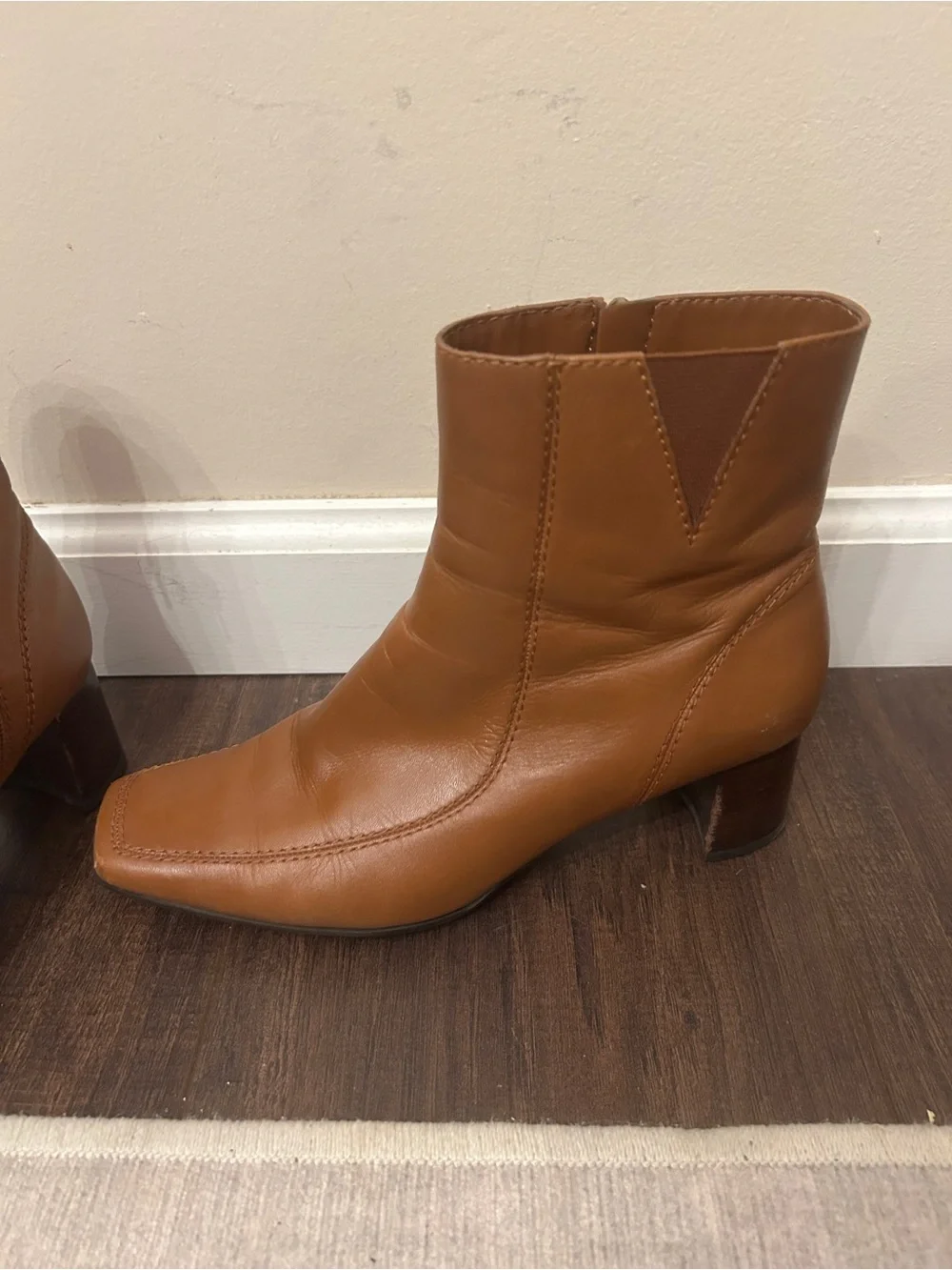 Nine West Tan Leather Square-Toe Ankle Boots Sz 7.5 Fall Y2K Inspo Block Heel
